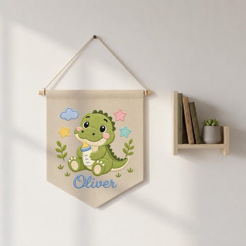 Personalized Embroidered Dinosaur Wall Hanging Banner, Custom Baby Name Sign, Baby Boy Nursery Decor, Newborn Gift, Kids Room Decor