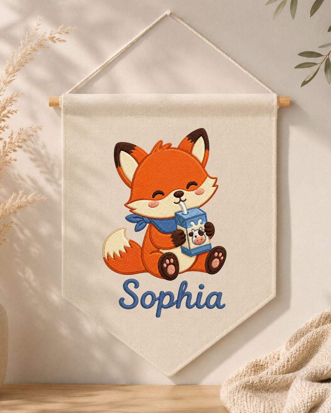 Personalized Fox Nursery Wall Hanging, Custom Name Embroidered Banner, Cute Woodland Baby Room Decor, Milk Carton Fox Nursery Gift