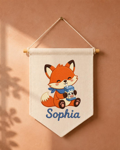 Personalized Fox Nursery Wall Hanging, Custom Name Embroidered Banner, Cute Woodland Baby Room Decor, Milk Carton Fox Nursery Gift