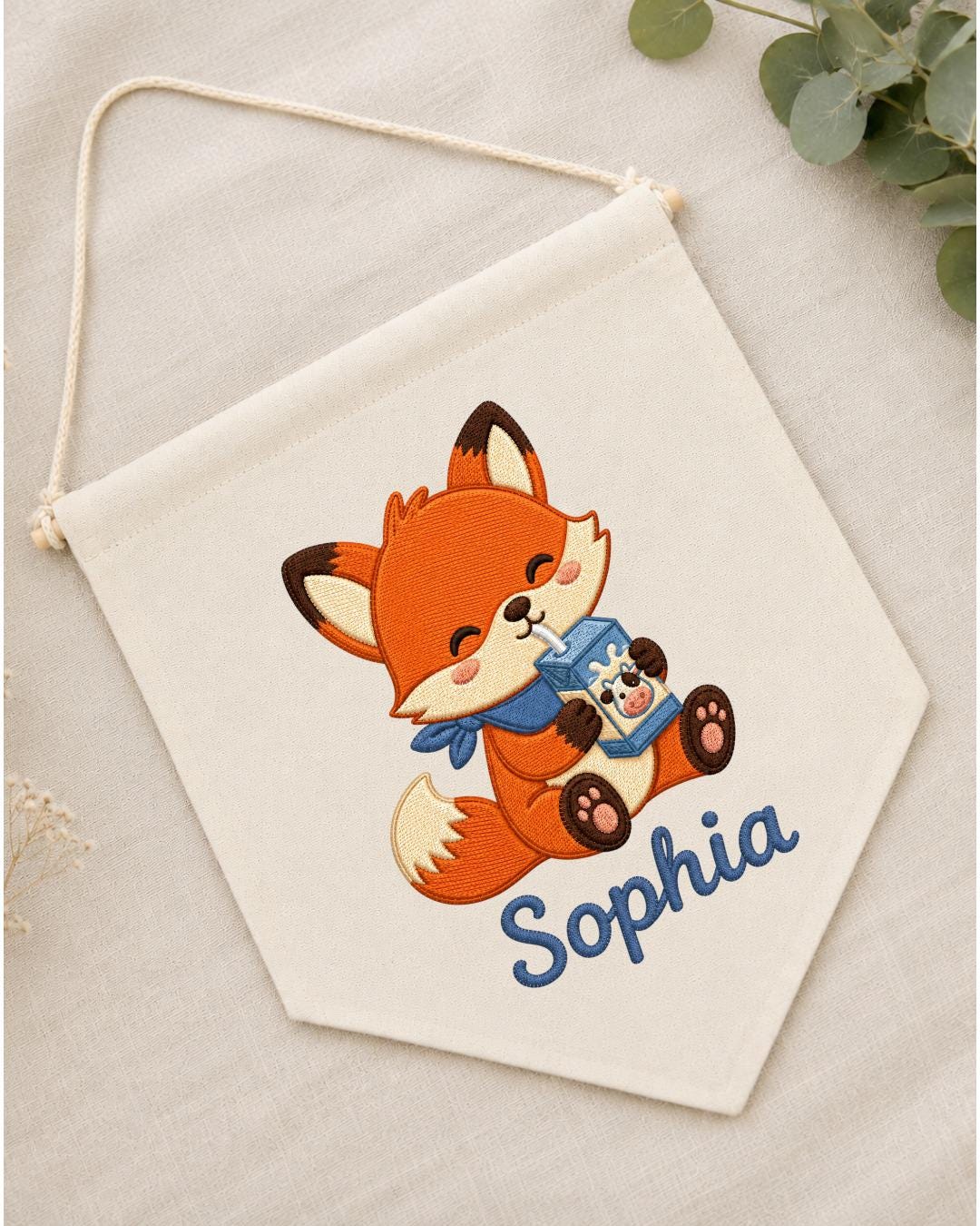 Personalized Fox Nursery Wall Hanging, Custom Name Embroidered Banner, Cute Woodland Baby Room Decor, Milk Carton Fox Nursery Gift