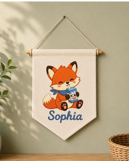 Personalized Fox Nursery Wall Hanging, Custom Name Embroidered Banner, Cute Woodland Baby Room Decor, Milk Carton Fox Nursery Gift