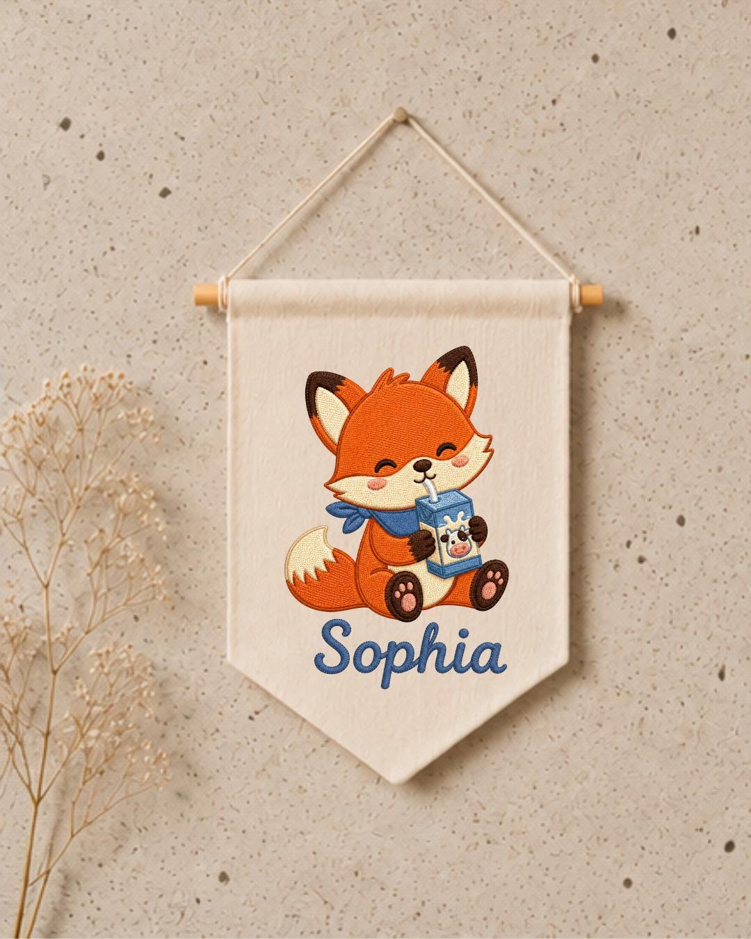 Personalized Fox Nursery Wall Hanging, Custom Name Embroidered Banner, Cute Woodland Baby Room Decor, Milk Carton Fox Nursery Gift