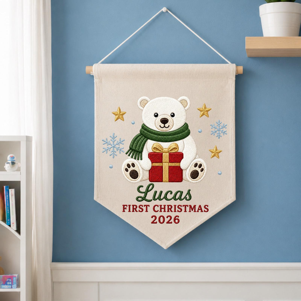 Personalized Embroidered First Christmas Wall Hanging Banner, Custom Baby Name Sign, Polar Bear Nursery Decor, Baby Christmas Gift 2026