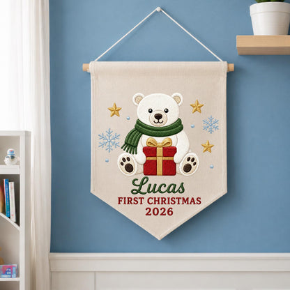 Personalized Embroidered First Christmas Wall Hanging Banner, Custom Baby Name Sign, Polar Bear Nursery Decor, Baby Christmas Gift 2026