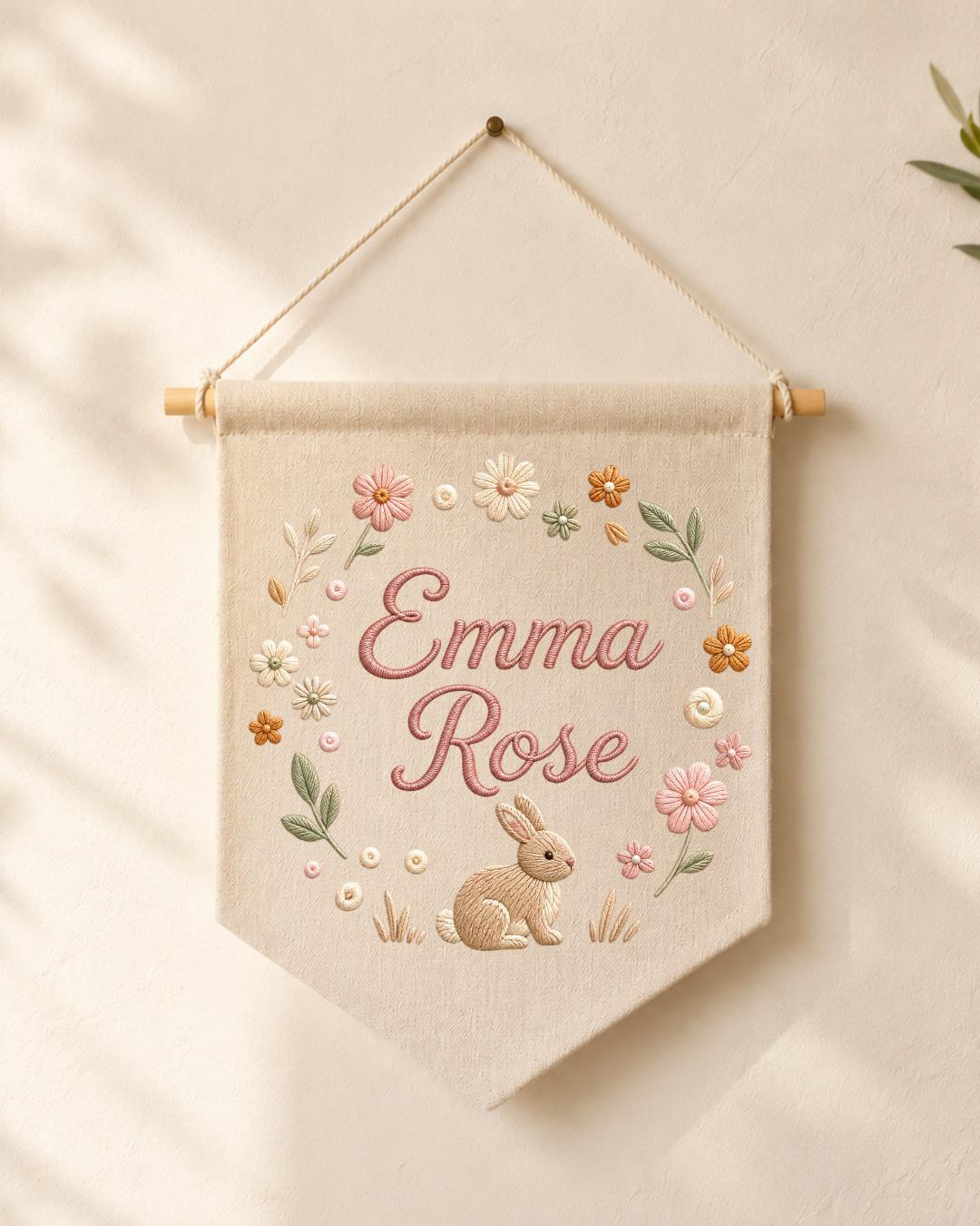 Personalized Bunny Nursery Wall Hanging, Custom Name Embroidered Banner, Floral Baby Girl Room Decor, Rabbit Nursery Gift