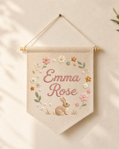 Personalized Bunny Nursery Wall Hanging, Custom Name Embroidered Banner, Floral Baby Girl Room Decor, Rabbit Nursery Gift