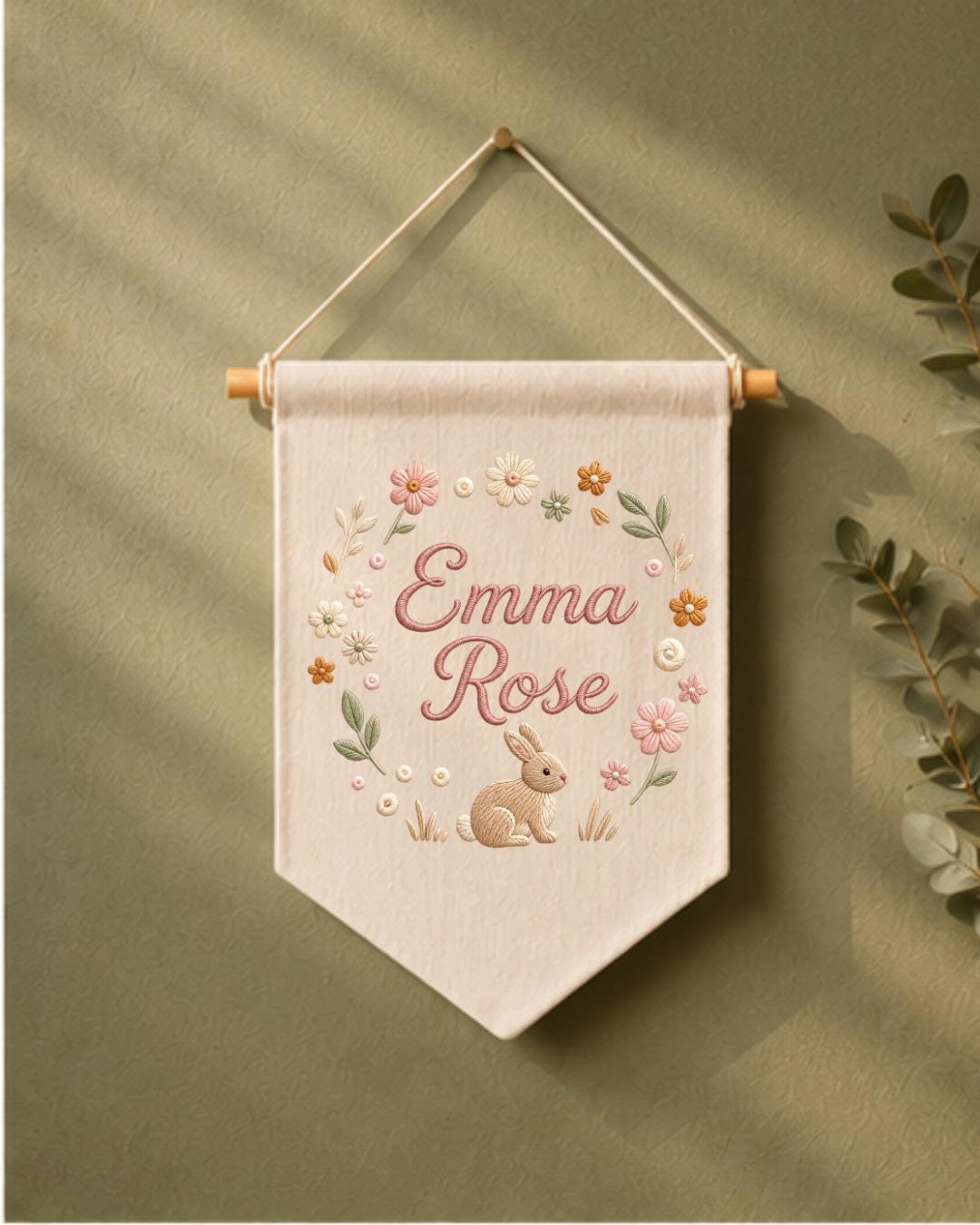 Personalized Bunny Nursery Wall Hanging, Custom Name Embroidered Banner, Floral Baby Girl Room Decor, Rabbit Nursery Gift