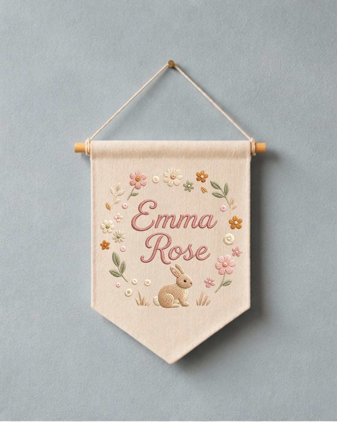 Personalized Bunny Nursery Wall Hanging, Custom Name Embroidered Banner, Floral Baby Girl Room Decor, Rabbit Nursery Gift