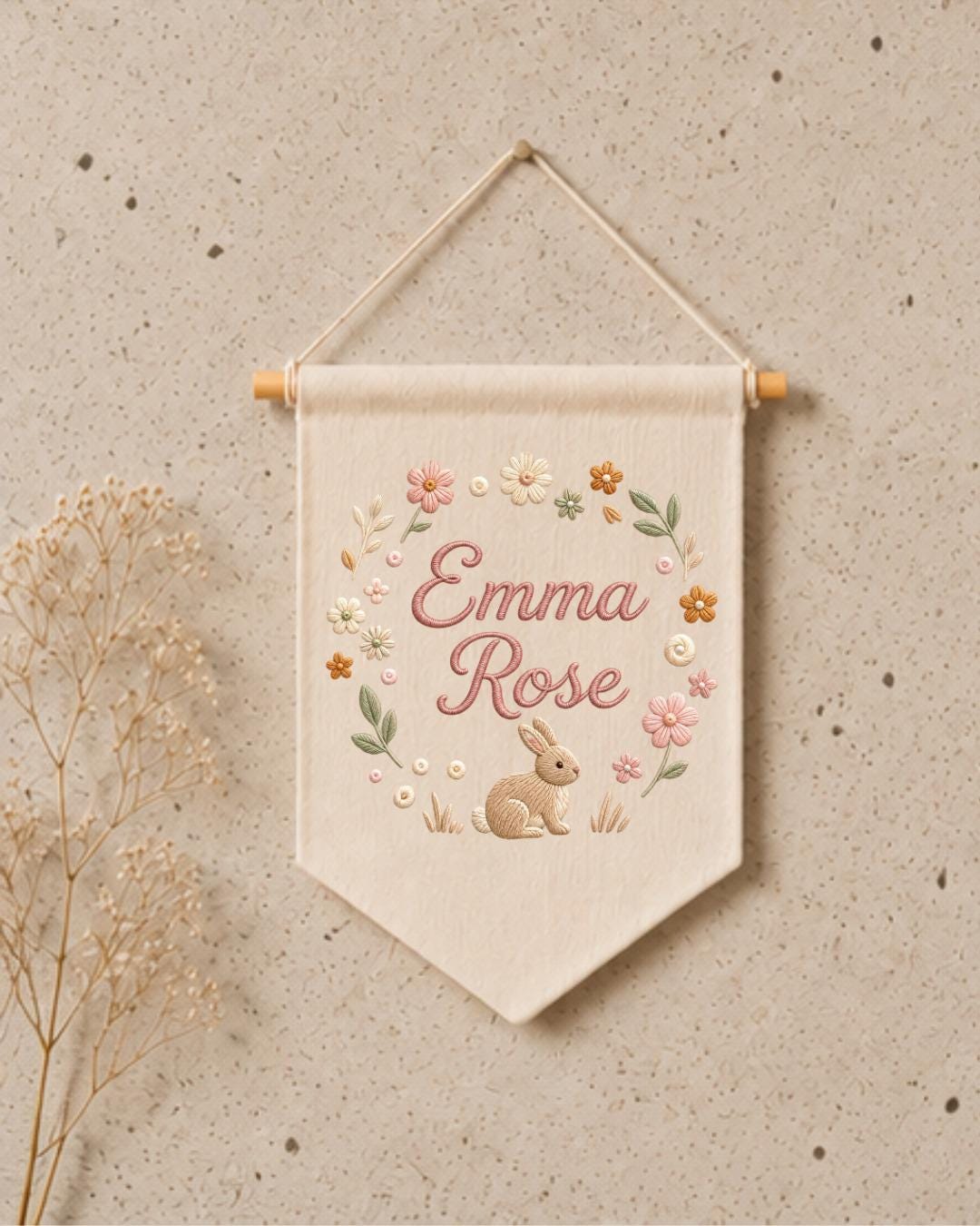 Personalized Bunny Nursery Wall Hanging, Custom Name Embroidered Banner, Floral Baby Girl Room Decor, Rabbit Nursery Gift