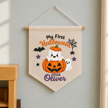 Personalized Embroidered First Halloween Wall Hanging Banner, Custom Baby Name Sign, Pumpkin Ghost Nursery Decor, Baby Halloween Gift 2026