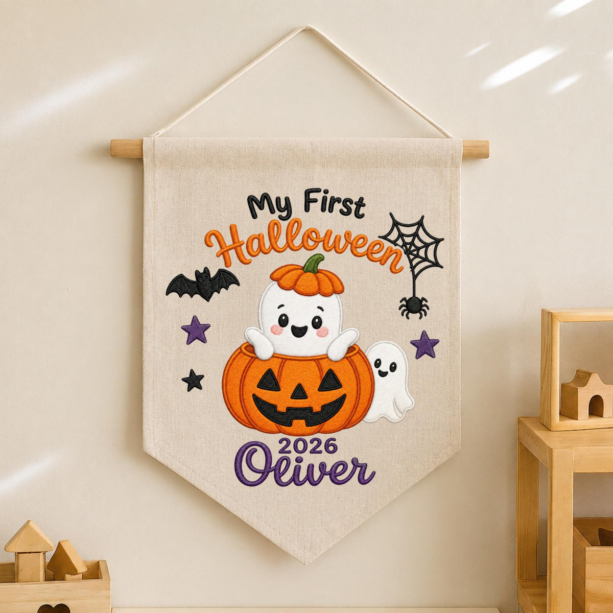 Personalized Embroidered First Halloween Wall Hanging Banner, Custom Baby Name Sign, Pumpkin Ghost Nursery Decor, Baby Halloween Gift 2026