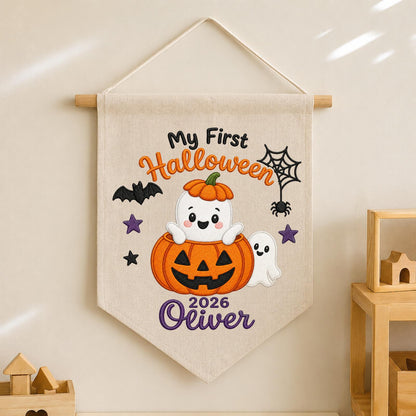 Personalized Embroidered First Halloween Wall Hanging Banner, Custom Baby Name Sign, Pumpkin Ghost Nursery Decor, Baby Halloween Gift 2026