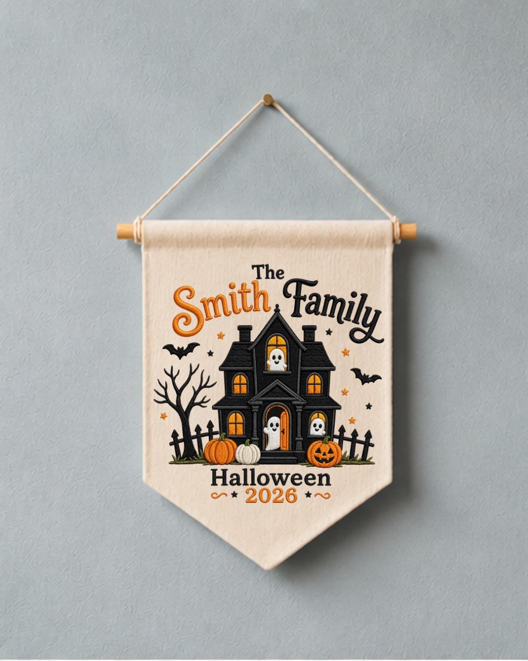 Personalized Family Halloween Wall Hanging, Custom Family Name Embroidered Haunted House Banner, Spooky Ghost Pumpkin Decor, Halloween Gift