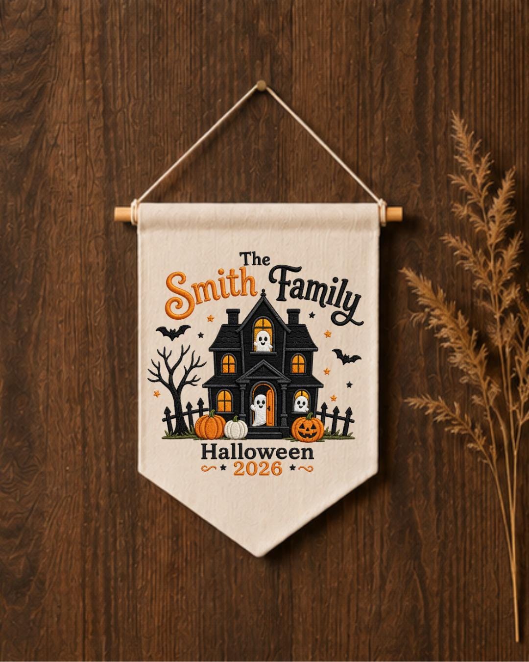 Personalized Family Halloween Wall Hanging, Custom Family Name Embroidered Haunted House Banner, Spooky Ghost Pumpkin Decor, Halloween Gift