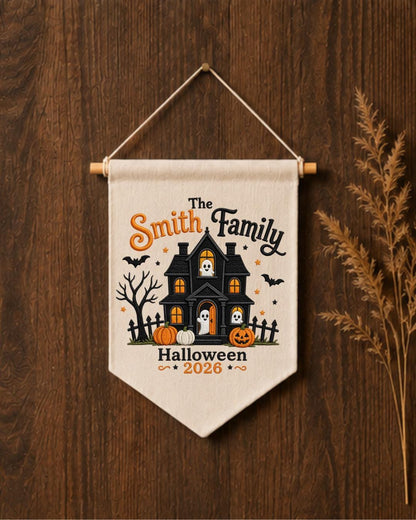 Personalized Family Halloween Wall Hanging, Custom Family Name Embroidered Haunted House Banner, Spooky Ghost Pumpkin Decor, Halloween Gift