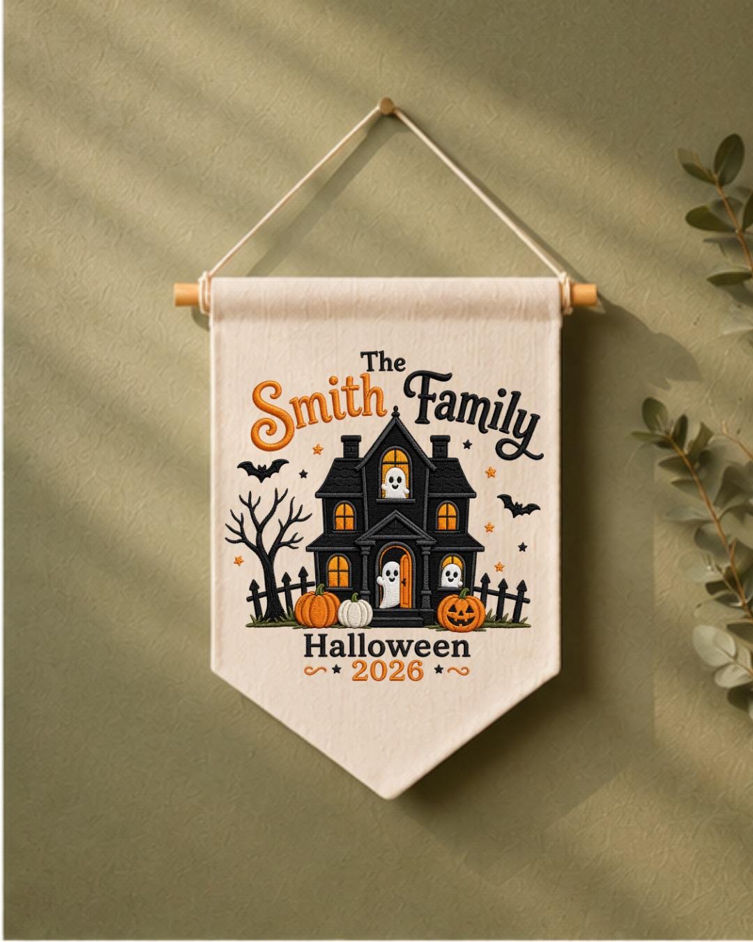 Personalized Family Halloween Wall Hanging, Custom Family Name Embroidered Haunted House Banner, Spooky Ghost Pumpkin Decor, Halloween Gift