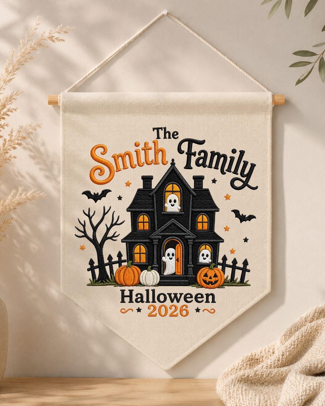 Personalized Family Halloween Wall Hanging, Custom Family Name Embroidered Haunted House Banner, Spooky Ghost Pumpkin Decor, Halloween Gift