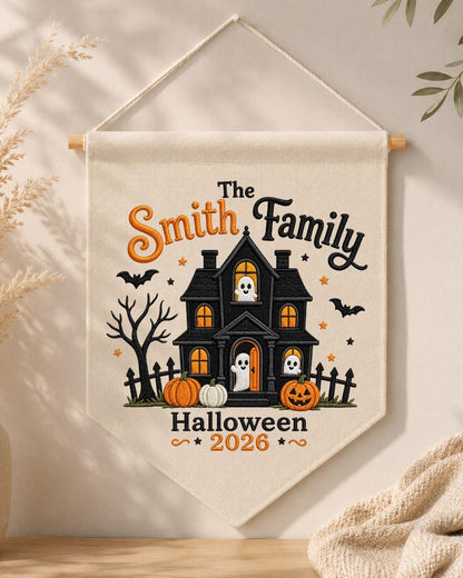 Personalized Family Halloween Wall Hanging, Custom Family Name Embroidered Haunted House Banner, Spooky Ghost Pumpkin Decor, Halloween Gift