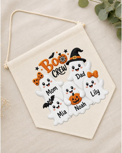 Personalized Halloween Family Wall Hanging, Custom Names Embroidered Ghost Banner, Boo Crew Decor, Spooky Family Keepsake Gift