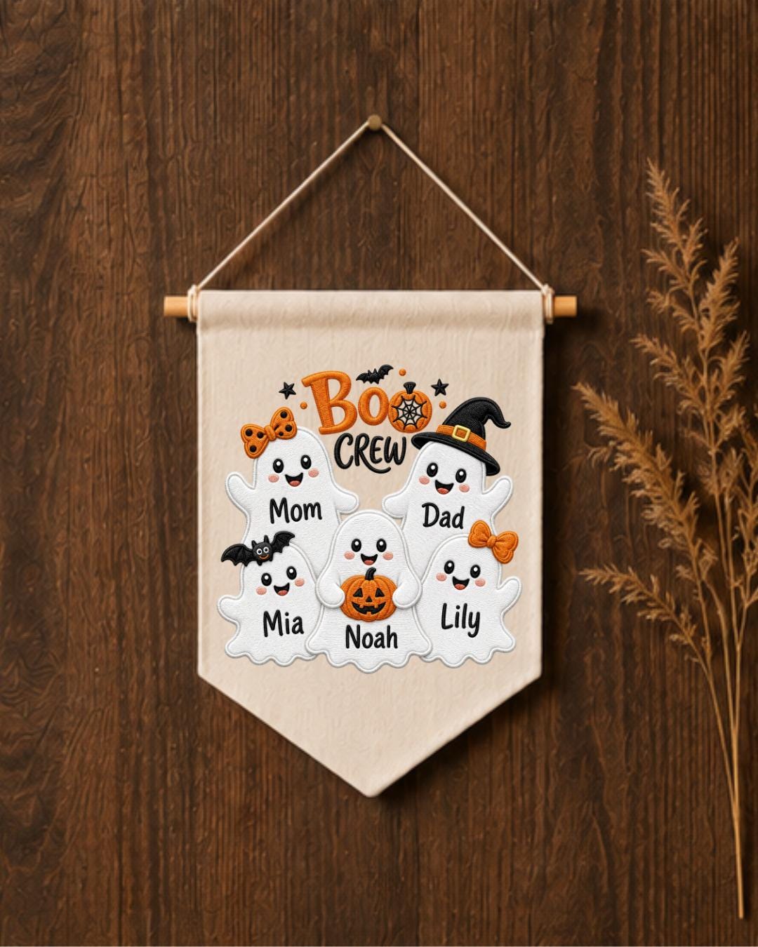 Personalized Halloween Family Wall Hanging, Custom Names Embroidered Ghost Banner, Boo Crew Decor, Spooky Family Keepsake Gift
