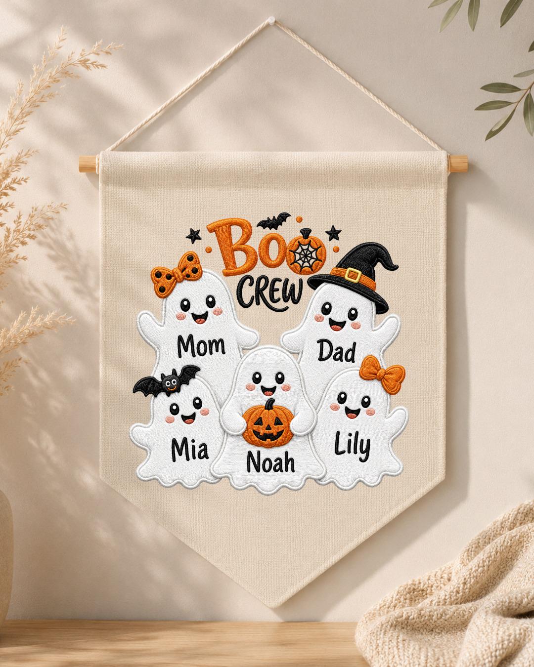 Personalized Halloween Family Wall Hanging, Custom Names Embroidered Ghost Banner, Boo Crew Decor, Spooky Family Keepsake Gift