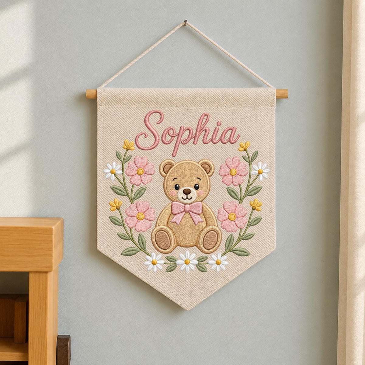 Personalized Embroidered Teddy Bear Wall Hanging Banner, Custom Baby Name Sign, Floral Girl Nursery Decor, Baby Shower Gift