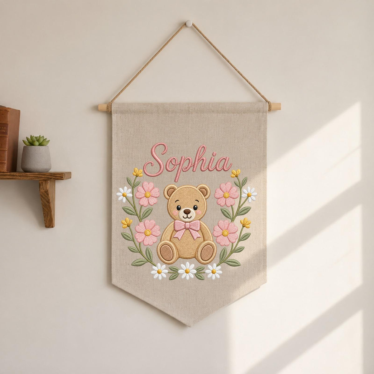 Personalized Embroidered Teddy Bear Wall Hanging Banner, Custom Baby Name Sign, Floral Girl Nursery Decor, Baby Shower Gift