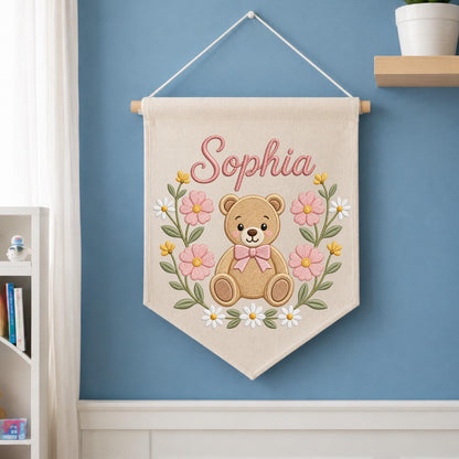 Personalized Embroidered Teddy Bear Wall Hanging Banner, Custom Baby Name Sign, Floral Girl Nursery Decor, Baby Shower Gift