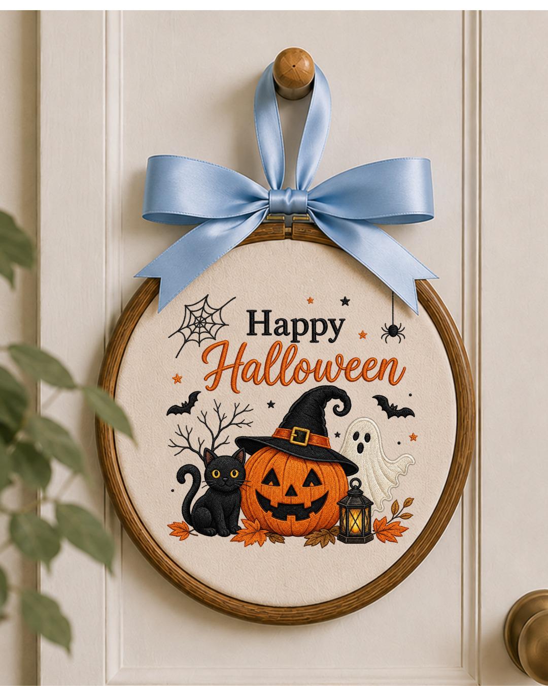 Embroidered Halloween Ornament, Happy Halloween Wall Hanging, Pumpkin Ghost Black Cat Decor, Spooky Fall Home Decor