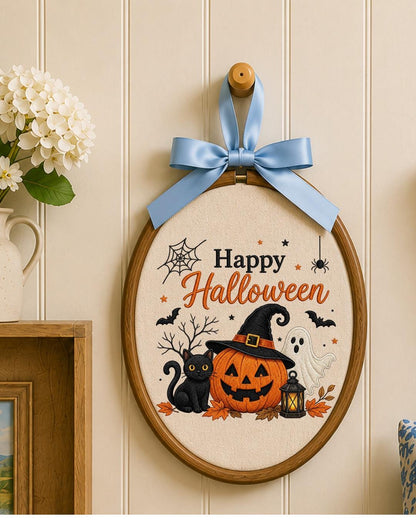 Embroidered Halloween Ornament, Happy Halloween Wall Hanging, Pumpkin Ghost Black Cat Decor, Spooky Fall Home Decor