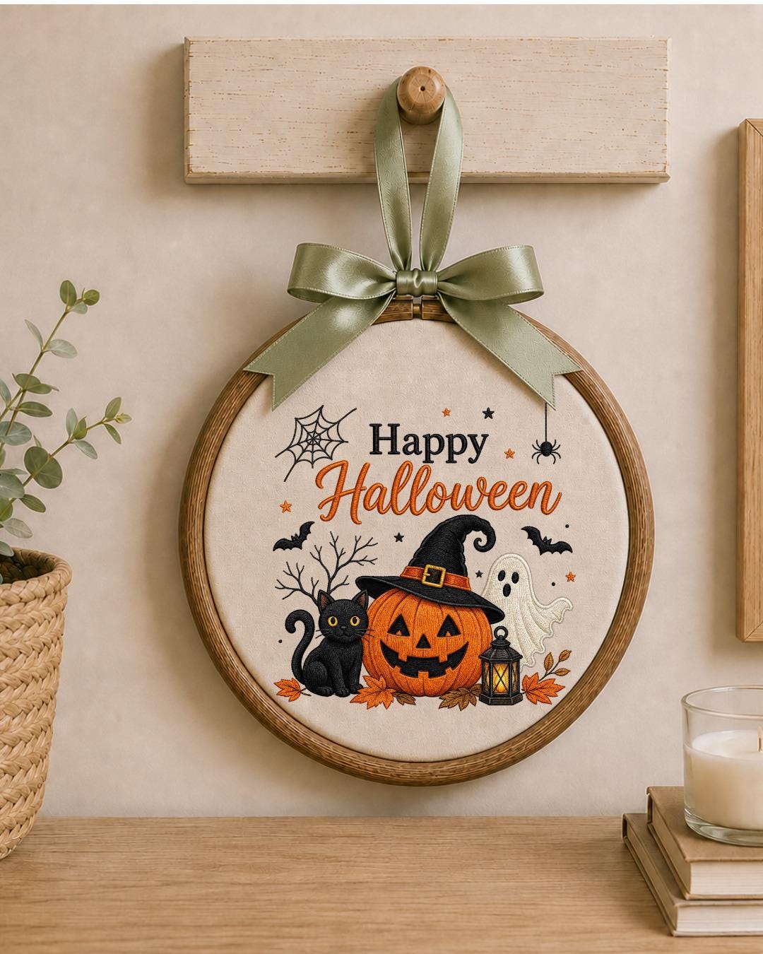 Embroidered Halloween Ornament, Happy Halloween Wall Hanging, Pumpkin Ghost Black Cat Decor, Spooky Fall Home Decor