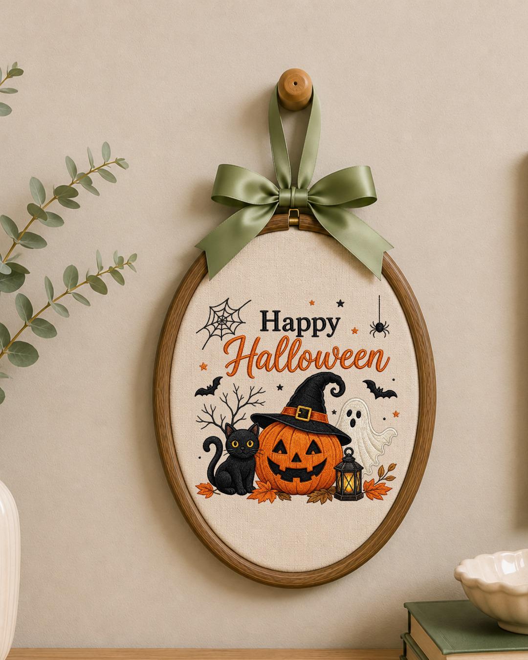 Embroidered Halloween Ornament, Happy Halloween Wall Hanging, Pumpkin Ghost Black Cat Decor, Spooky Fall Home Decor