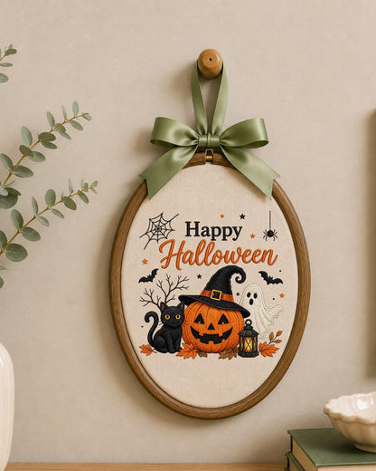 Embroidered Halloween Ornament, Happy Halloween Wall Hanging, Pumpkin Ghost Black Cat Decor, Spooky Fall Home Decor