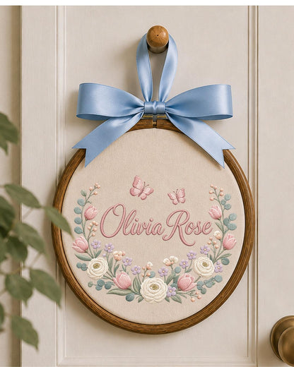 Personalized Embroidered Name Ornament, Custom Floral Baby Name Hoop, Butterfly Nursery Wall Decor, Baby Girl Keepsake Gift