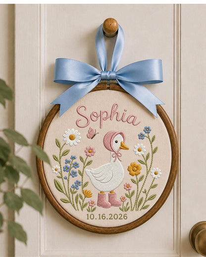 Personalized Embroidered Goose Ornament, Custom Baby Name and Birth Date Hoop, Floral Nursery Wall Decor, Baby Girl Keepsake Gift