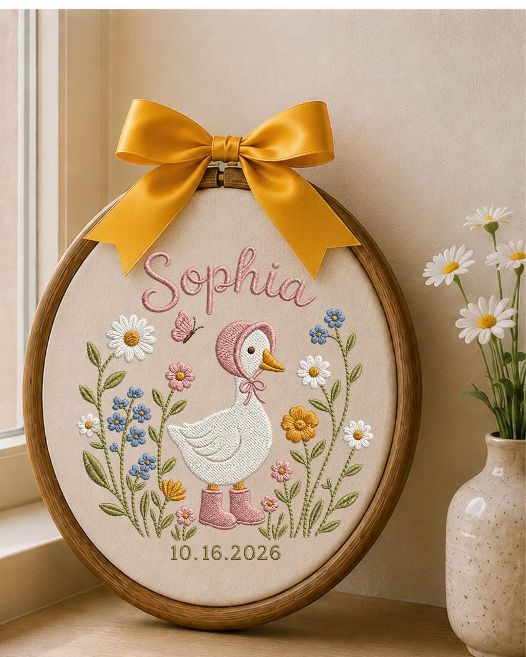 Personalized Embroidered Goose Ornament, Custom Baby Name and Birth Date Hoop, Floral Nursery Wall Decor, Baby Girl Keepsake Gift