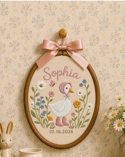 Personalized Embroidered Goose Ornament, Custom Baby Name and Birth Date Hoop, Floral Nursery Wall Decor, Baby Girl Keepsake Gift