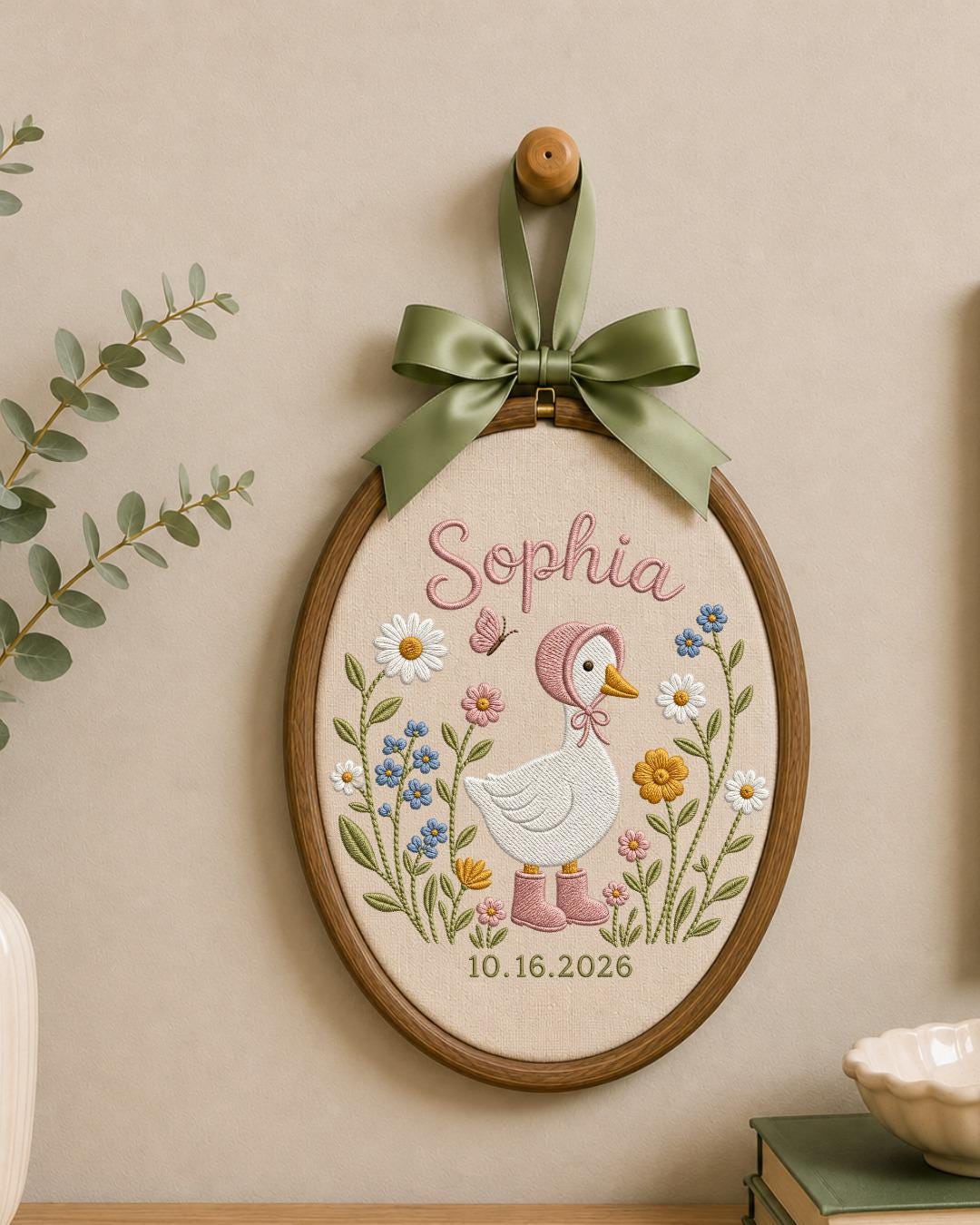 Personalized Embroidered Goose Ornament, Custom Baby Name and Birth Date Hoop, Floral Nursery Wall Decor, Baby Girl Keepsake Gift