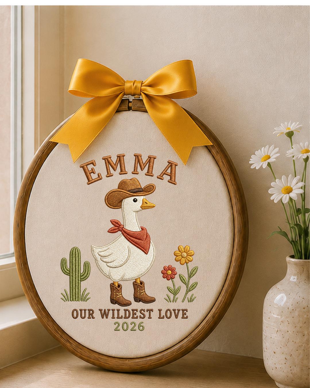 Personalized Embroidered Cowgirl Goose Ornament, Custom Baby Name Hoop, Western Nursery Decor, Wildest Love Keepsake Gift