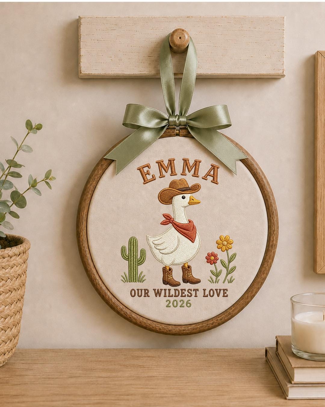 Personalized Embroidered Cowgirl Goose Ornament, Custom Baby Name Hoop, Western Nursery Decor, Wildest Love Keepsake Gift