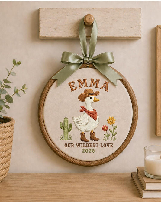 Personalized Embroidered Cowgirl Goose Ornament, Custom Baby Name Hoop, Western Nursery Decor, Wildest Love Keepsake Gift