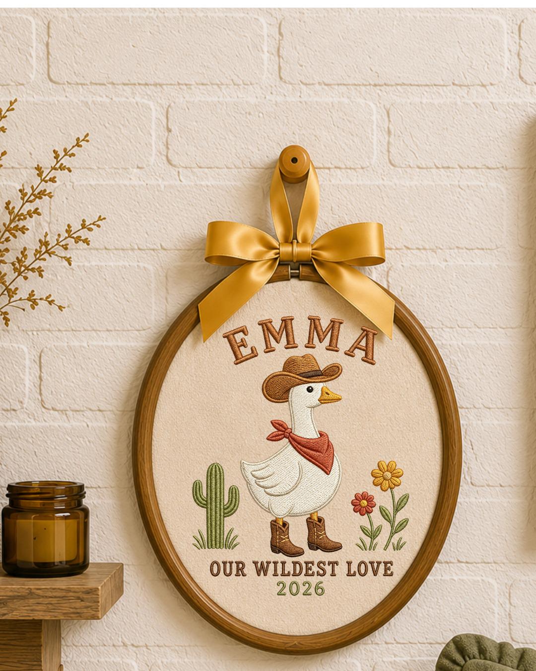 Personalized Embroidered Cowgirl Goose Ornament, Custom Baby Name Hoop, Western Nursery Decor, Wildest Love Keepsake Gift