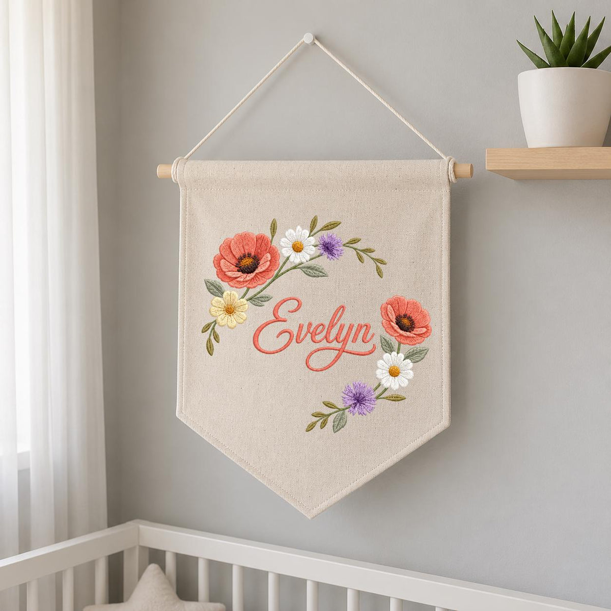 Personalized Poppy Wildflower Nursery Decor, Custom Name Embroidered Canvas Pennant Banner, Daisy Floral Wreath Baby Girl Wall Sign
