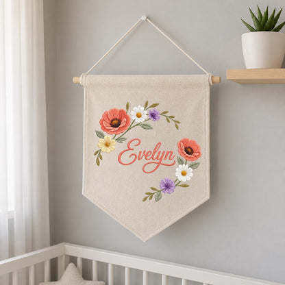 Personalized Poppy Wildflower Nursery Decor, Custom Name Embroidered Canvas Pennant Banner, Daisy Floral Wreath Baby Girl Wall Sign