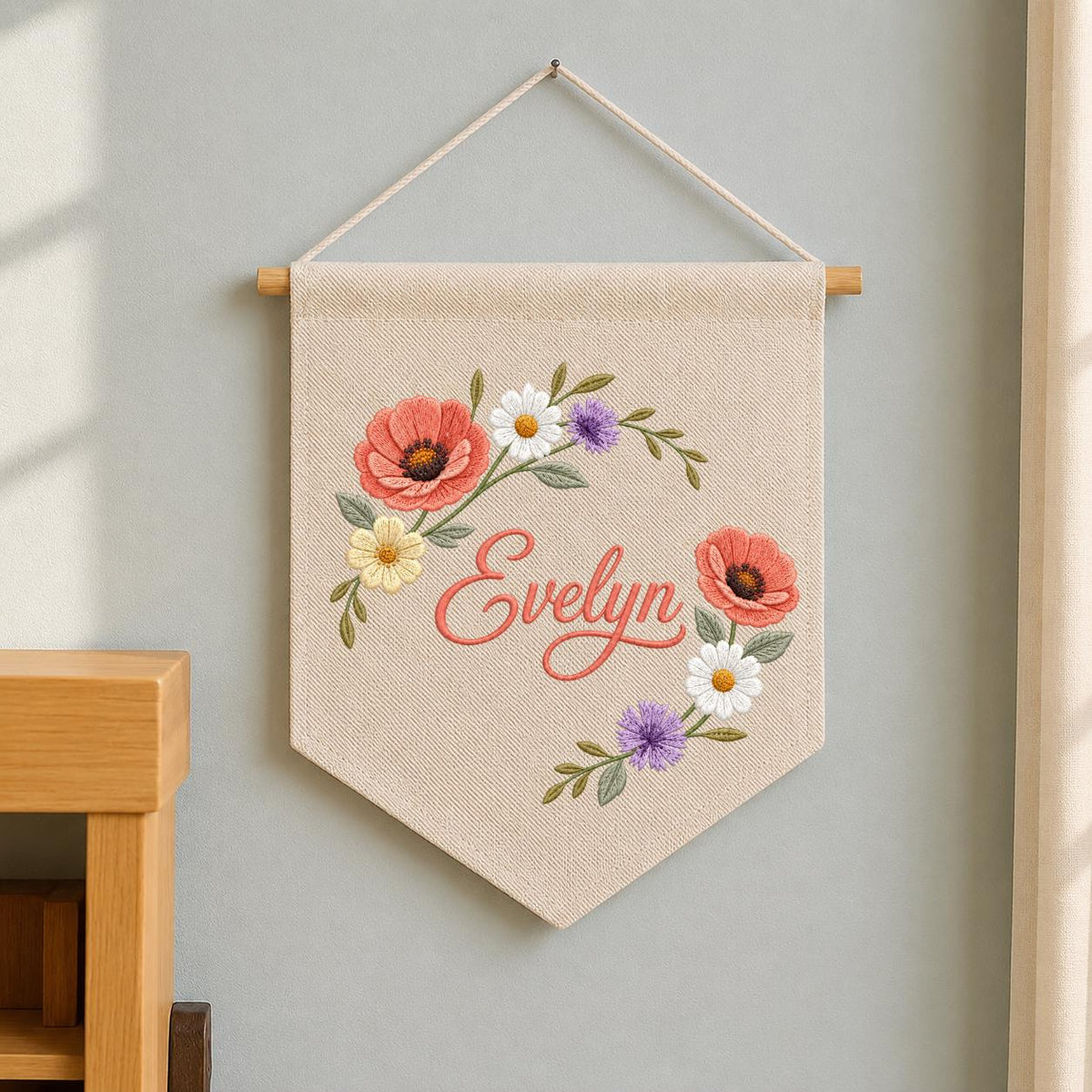 Personalized Poppy Wildflower Nursery Decor, Custom Name Embroidered Canvas Pennant Banner, Daisy Floral Wreath Baby Girl Wall Sign