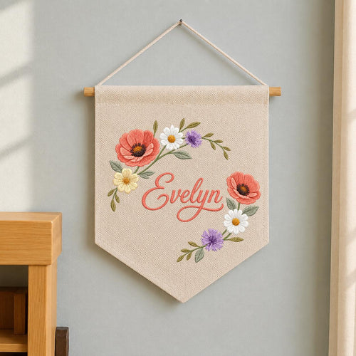 Personalized Poppy Wildflower Nursery Decor, Custom Name Embroidered Canvas Pennant Banner, Daisy Floral Wreath Baby Girl Wall Sign
