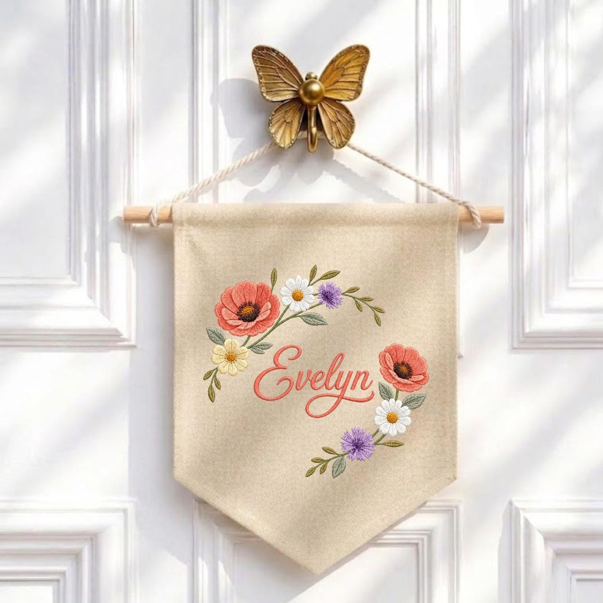 Personalized Poppy Wildflower Nursery Decor, Custom Name Embroidered Canvas Pennant Banner, Daisy Floral Wreath Baby Girl Wall Sign