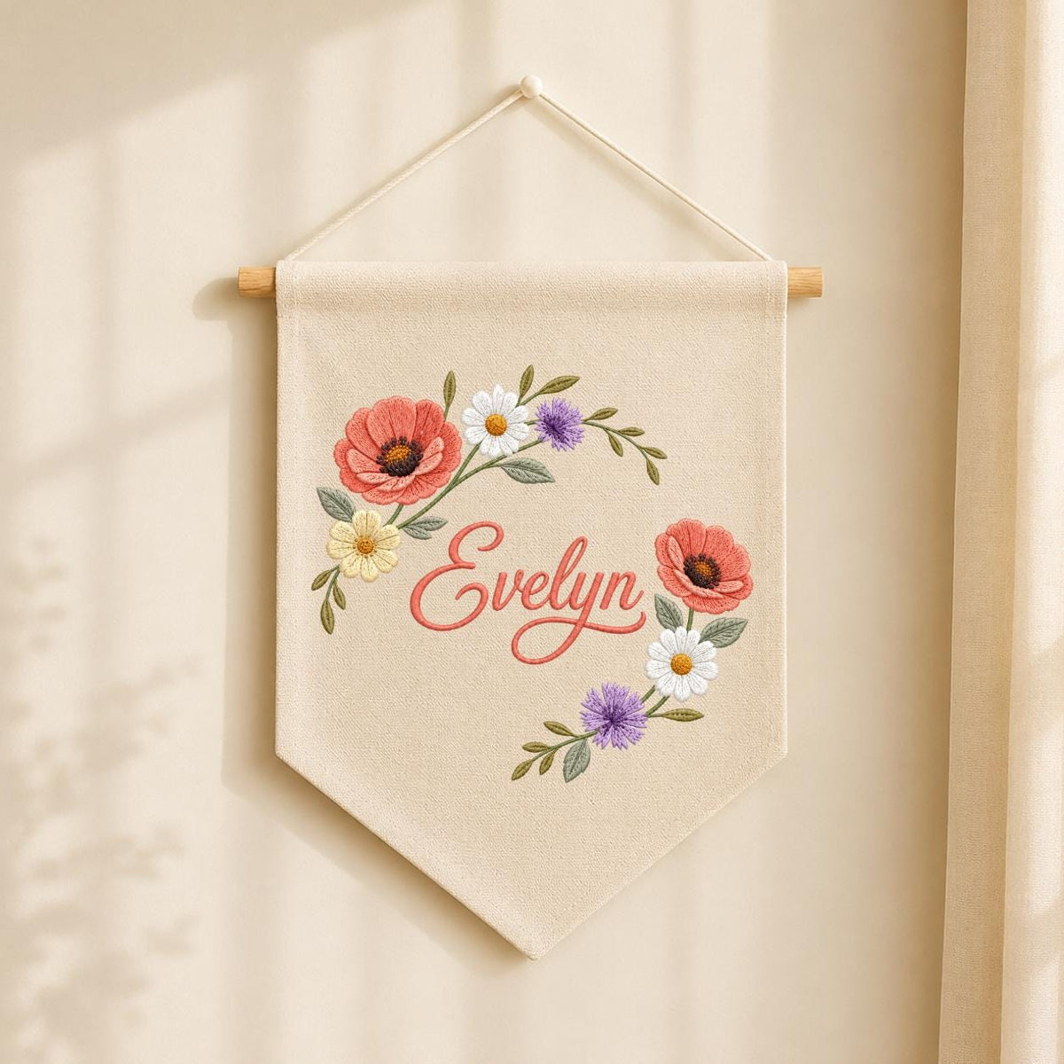 Personalized Poppy Wildflower Nursery Decor, Custom Name Embroidered Canvas Pennant Banner, Daisy Floral Wreath Baby Girl Wall Sign