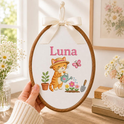 Custom Name Gardening Kitten Embroidered Oval Hoop Art, Cute Orange Tabby Cat Straw Hat Watering Flowers Baby Girl Wall Hanging Decor
