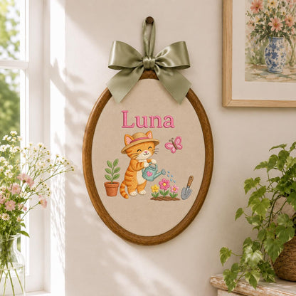 Custom Name Gardening Kitten Embroidered Oval Hoop Art, Cute Orange Tabby Cat Straw Hat Watering Flowers Baby Girl Wall Hanging Decor